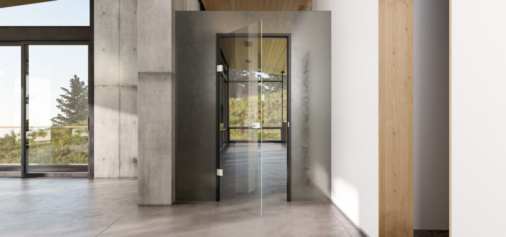Glastüren aus klarem Glas, die für eine transparente Verbindung zwischen Räumen und eine helle, offene Wohnatmosphäre sorgen.
